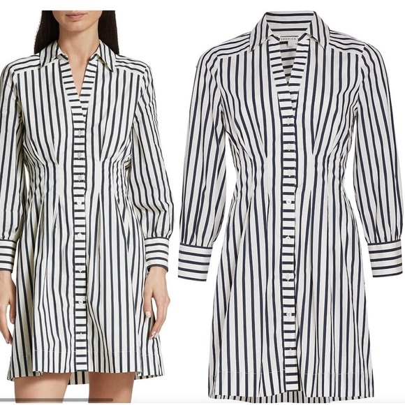 A-Line Veronica Beard Cinched Waist Button Up Striped Long Sleeve Blouse Dress - Picture 5 of 6